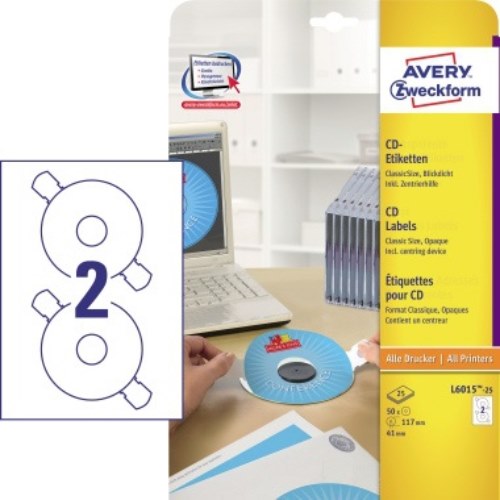 Avery Zweckform CD/DVD-Etikett L6015-25 matt weiß 50 St./Pack.