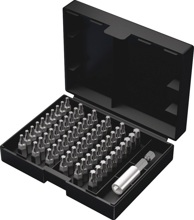 "Bitsortiment Bit-Safe Univ.4 61-tlg.TX WERA bestückt mit zähharten Bits und Bit-Halter mit Edelstahlhülse, Sprengring und starkem Dauermagneten · für Hand- und Maschinenbetrieb (konv. Akkuschrauber) Inhalt 8000 377 261 (Bit-Safe Universal 4): 1 Bit-Halte