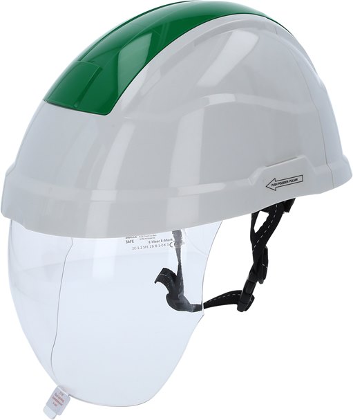 Arbeits-Schutzhelm mit Gesichtsschutz, grün Helm: DIN EN 397 / EN 50365elektrische Isolierung 1.000 V ACGesichtschutz: DIN EN 166 / EN 167 / EN 168 / EN 170störlich