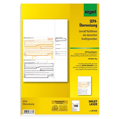 Sigel Überweisung ZV570 DIN A4 für InkJet/Laser-Drucker 100 Bl./Pack.