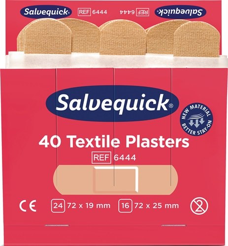 Pflasterstrips Salvequick elastisch 6 Nachfüllpack je 40 St.SALVEQUICK passend für alle Salvequick Pflasterspender Art.-Nr. 4706 000 190, 4706 000 235, 4000 386 470, 4000 386 480 · Art.-Nr. 4000 386 488: 40 elastische Textil-Pflasterstrips in 2 BreitenWei