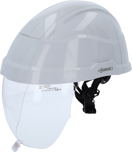 Arbeits-Schutzhelm mit Gesichtsschutz, weiss Helm: DIN EN 397 / EN 50365elektrische Isolierung 1.000 V ACGesichtschutz: DIN EN 166 / EN 167 / EN 168 / EN 170störlic