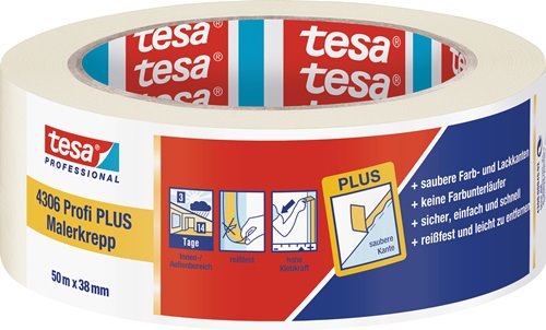 Malerkreppband 4306 Profi PLUS leicht gekreppt hellbeige L.50m B.38mm