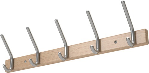 Wandgarderobe Holzprofil Buche 7 Hut-/7 Mantelh.L.1000mm Hakenabstand 150mm Garderobenblende aus Buche, 55 mm hoch, mit gerundeten Endabschlüssen, mit Aluminium Hut/Mantelhaken Ø 14mm, Hakenabstand ca. 150 mm, auf Holzprofil 60 x 20 mm massiv Buche lackie