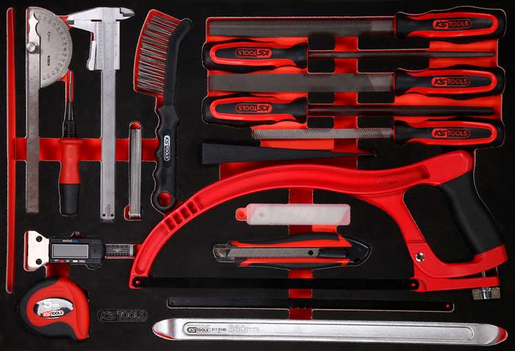KS-Tools 811.0028 Messwerkzeuge- / und Feilen-Satz in Schuamstoffeinlage, 28-tlg