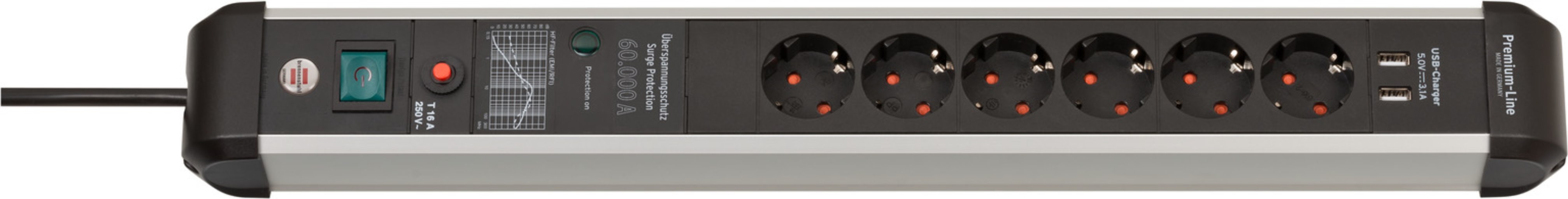 BRENNENSTUHL 1391010610 Premium-Protect-Line 6fach, USB 3.1A Steckdosenleiste