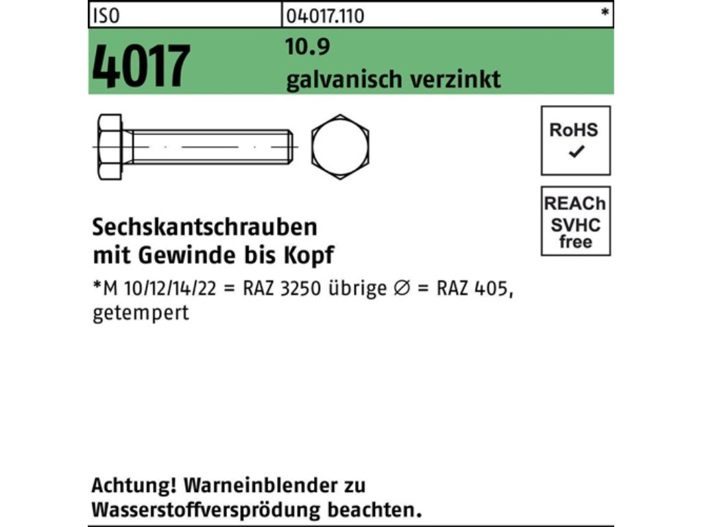 Sechskantschraube M 27 x 110 ISO 4017 VG 10.9 galvanisch verzinkt