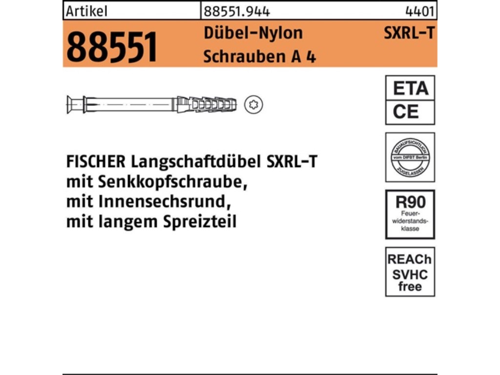 Langschaftdübel SXRL 10 x160 T R 88551 Schrauben A 4/Dübel-Nylon
