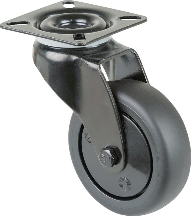 BS ROLLEN A800.A85.075.06 Lenkrolle  Rad-Ø 75 mm Tragfähigkeit 60 kg mit Anschraubplatte Kugellager Gummi schwarz Apparaterolle · Gehäuse aus Stahlblech, schwarz · zweireihiger Kugelkranz im Gabelkopf · Radkörper Kunststoff schwarz · Kugellager · thermopl