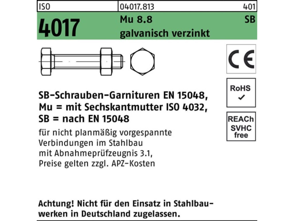 Sechskantschraube M 24 x 60 ISO 4017 VG 8.8 galvanisch verzinkt SB