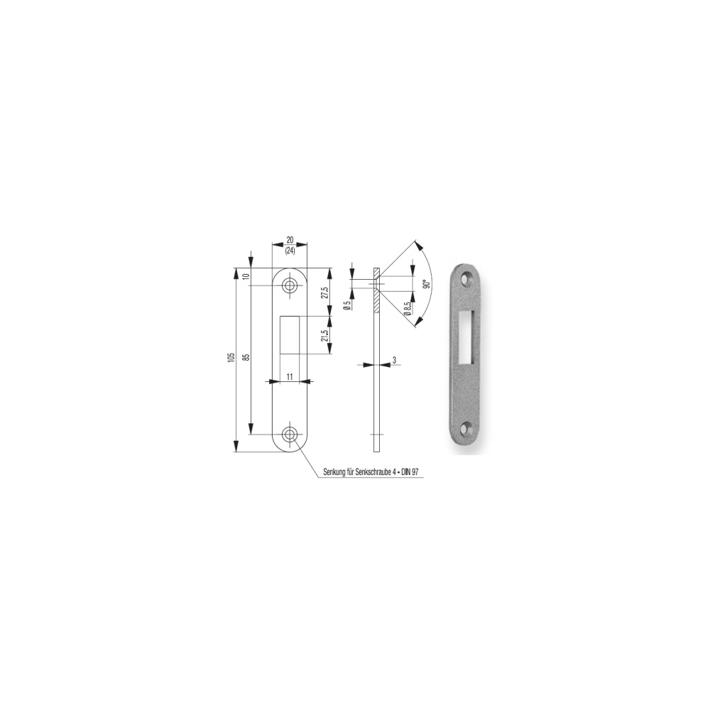 BKS S4130008 Schließblech S413 Edelstahl matt Breite 20 x Länge 105 mm abgerunde