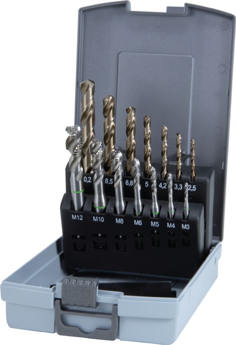 Maschinengewindebohrerset DIN 371/376 C M3-M12 14tlg.HSS-Co5 Ku.-Kass.RUKO HSS-Co · M3 - M12 bestehend aus: je 1 Stück MGB DIN 371 M3/ M4/ M5/ M6/ M8/ M10 DIN 376 M12 je 1 Stück Spiralbohrer 2,5/ 3,3/ 4,2/ 5,0/ 6,8/ 8,5/ 10,2 mm Weitere technische Eigensc