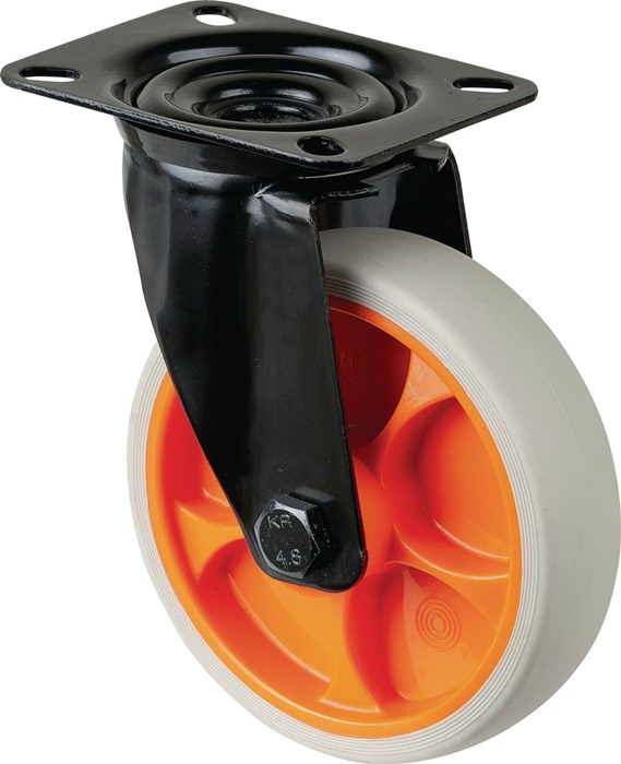 BS ROLLEN L800.B44.126.02 Lenkrolle  Rad-Ø 125 mm Tragfähigkeit 120 kg Lenkrollen Gummi Platte L104xB80 mm Farbe Rolle hellgrau Transportgeräterolle · Gehäuse aus Stahlblech, schwarz · zweireihiger Kugelkranz im Gabelkopf · thermoplastisches Gummirad hell