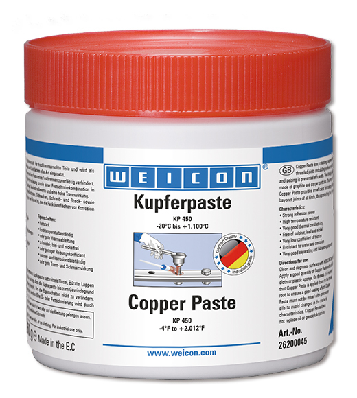 WEICON Kupferpaste 450 g KP 450
Kupferpaste bildet auf Einsteckwerkzeugen, Verschleißbuchsen,
Schrauben, Schraub- und Steck- sowie Bajonettverbindungen aller
Art einen wirksamen Schmier- und Trennfilm, der die Funktionsflächen
vor Korrosion