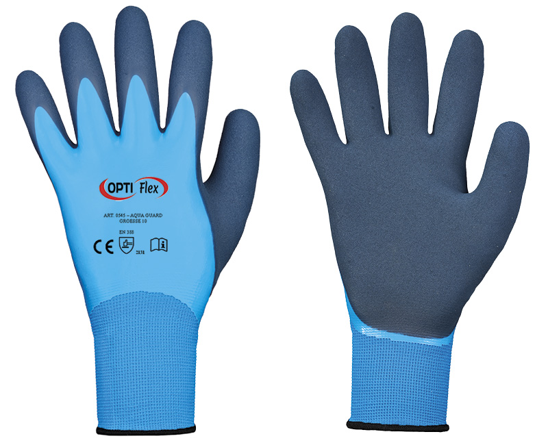 Optiflex *AQUA GUARD* OPTIFLEX HANDSCHUHE, POLYAMID (NYLON) / LATEX/LATEX, BLAU 0545_09 H Gr. 9 Norm 	EN 388
Träger 	100% Polyamid (Nylon)
Beschichtung 	1. Beschichtung: Latex, vollbeschichtet, glatt, blau 2. Beschichtung: Latex, Handinnenfläche, gesandet