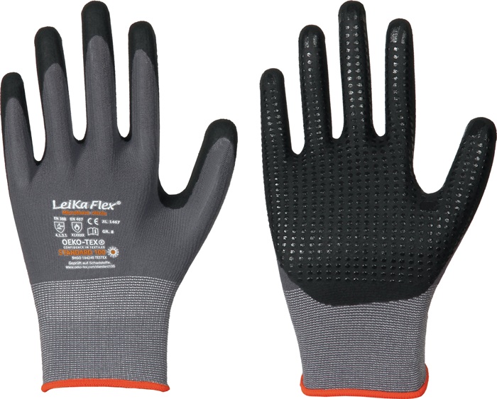 LEIPOLD 1467 Gr.9 Handschuhe LeiKaFlex 1467 Größe 9 grau EN 420+ EN 388+EN 407 PSA-Kategorie II  nach EN 420:2003+A1:2009 · EN 388:2016 · EN 407:2004 · Kat.II · Material Nylon-Elastan-Feinstrick mit Mikro-Schaum-Nitrilbeschichtung und Nitril-Noppen · atmu