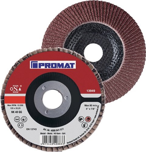 PROMAT  Fächerscheibe  D. 115 mm Körnung 120 gekröpft Stahl/Holz Normalkorund