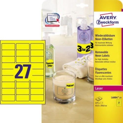 Avery Zweckform Etikett L6004-25 63,5x29,6mm neongelb 675 St./Pack.