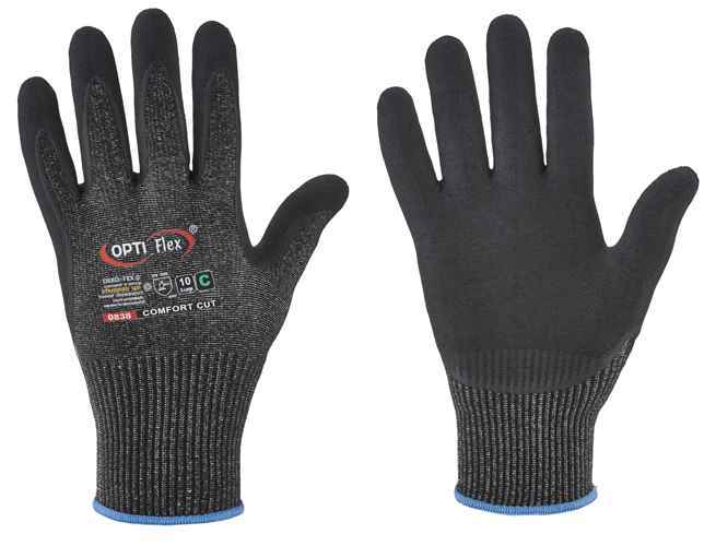 COMFORT CUT 5 OPTI FLEX Handschuhe 0838 Gr.8  H Schnittschutzfaser/Nitril/PU, S Norm: EN 388Träger: 58% Polyethylen (HDPE), 22% Polyamid,11% Glasfaser, 9% Elasthan, schwarz meliertBeschichtung: Micro-Nitrilschaum mit wasserbasiertem Polyurethan (PU), schw