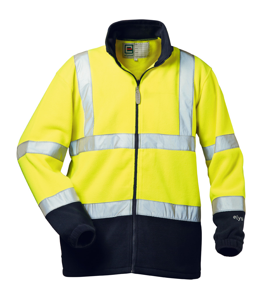 VALENTIN WARNSCHUTZFLEECEJACKE ELYSEE GELB/MARINE  EN 471/3  POLARFLEECE Norm 	EN ISO 20471 Klasse 3, EN ISO 13688
Material 	100% Polyester, Polarfleece antipilling ausgerüstet
Farbe 	fluoreszierend gelb, marine abgesetz