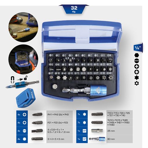 Brilliant Tools  BT053032 Bit-Satz, 32-tlg., gemischt
32 teiliger Bit-Satz 1/4" (6,3 mm)
magnetischer Schnellwechsel-Bithalter
mit Außensechskantantrieb nach DIN 3126 / ISO 1173 - C 6,3
mit praktischem Gürtelhalter
matt verchromtDer BRILLIANT TOOLS Bit-Sa