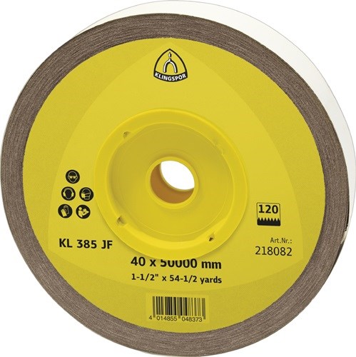 Schleifgeweberolle KL 385 JF 50mm K.180 f.Metall Korund KLINGSPOR Korund · mit Gewebeunterlage für Metall universal · es ist sowohl für den Handschliff als auch für den Einsatz auf handgeführten Maschinen konzipiert · geeignet für das Schleifen von Profil