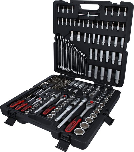 1/4"+3/8"+1/2" Steckschlüssel-Satz, 216-tlg 6-kantFlankTraction-Profilmatt satiniertChrom Vanadiumin stabilem Kunststoffkoffer