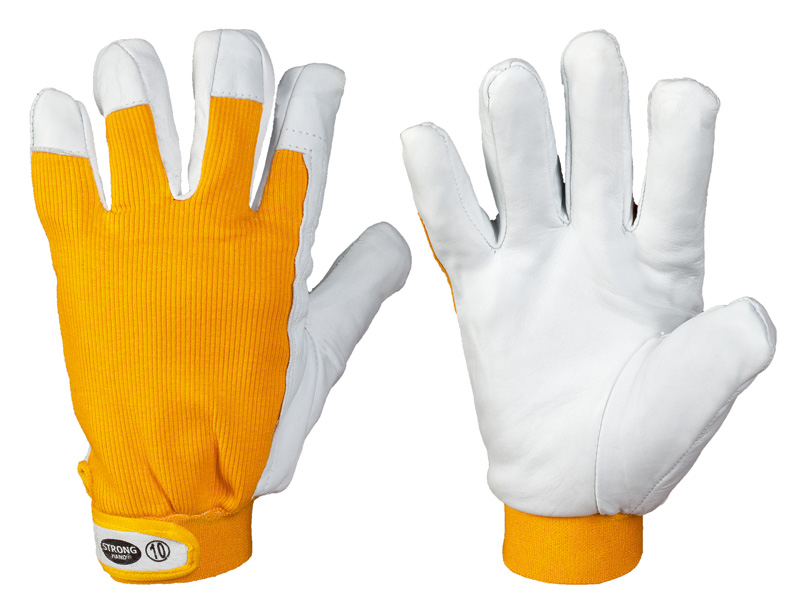 Stronghand KHANPUR, Mech. SchutzhandschuhMaterial: NappalederNorm: DIN EN 388 Farbe: Gelb/Weißgutes Tastempfindenweiches, bequemes Ledergute Passformrutschfest im Sitz, durch Klettverschlusskomplett mit Molto