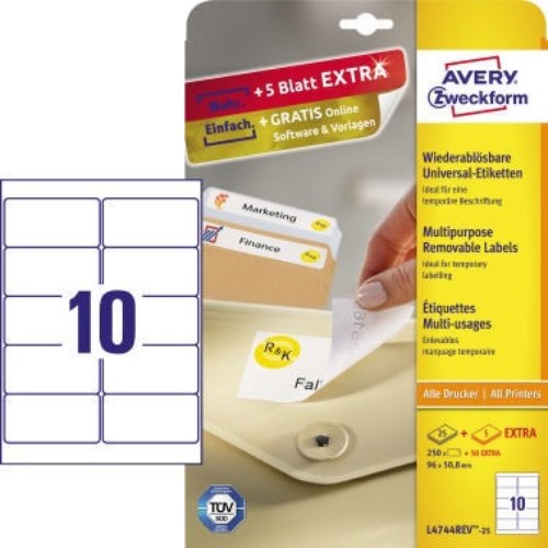 Avery Zweckform Etikett L4744REV-25 96x50,8mm weiß 250 St./Pack.