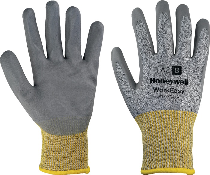 HONEYWELL WE22-7113G-9/L Schnittschutzhandschuh Workeasy 13G GY PU A2/B Größe 9 grau/gelb EN 388 PSA-Kategorie II  nach EN 388 · Kat. II · leichter HPPE-/Glasfaserstrick, mittelgraue PU-Beschichtung · Schnittschutzlevel BWeitere technische Eigenschaften:·