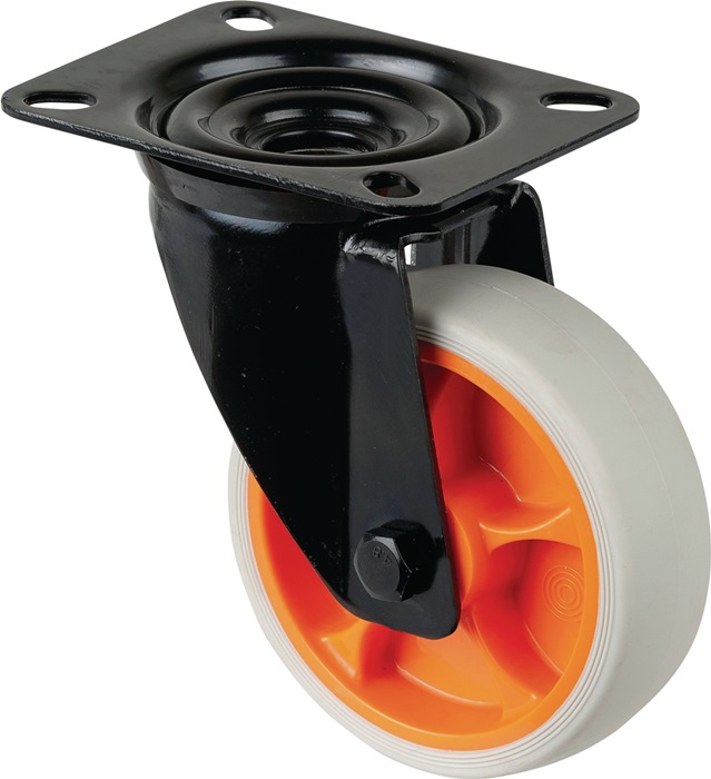 BS ROLLEN L800.B44.101.02 Lenkrolle  Rad-Ø 100 mm Tragfähigkeit 110 kg Lenkrollen Gummi Platte L104xB80 mm Farbe Rolle hellgrau Transportgeräterolle · Gehäuse aus Stahlblech, schwarz · zweireihiger Kugelkranz im Gabelkopf · thermoplastisches Gummirad hell