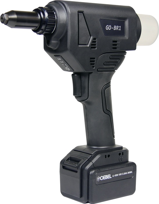 GOEBEL 2277010010 Akkublindnietsetzgerät GO-BR1 8-teilig 12.000 N  im Kunststoffkoffer zur Verarbeitung von Blindniete ab Ø 3,0 mm bis Ø 5 mm aller Werkstoffe · bürstenlosem Motor · transparenter Auffangbehälter · LED-Arbeitslicht · 2 x Li-Ion Akku 2.0Ah