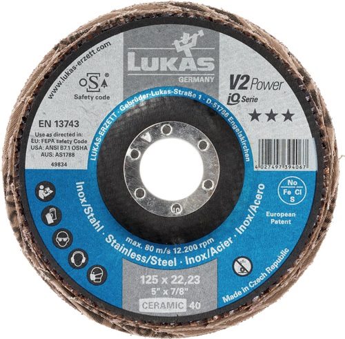LUKAS A27441250401450 Fächerscheibe V2 POWER CER Ø 125 mm Körnung 40 flach INOX,
