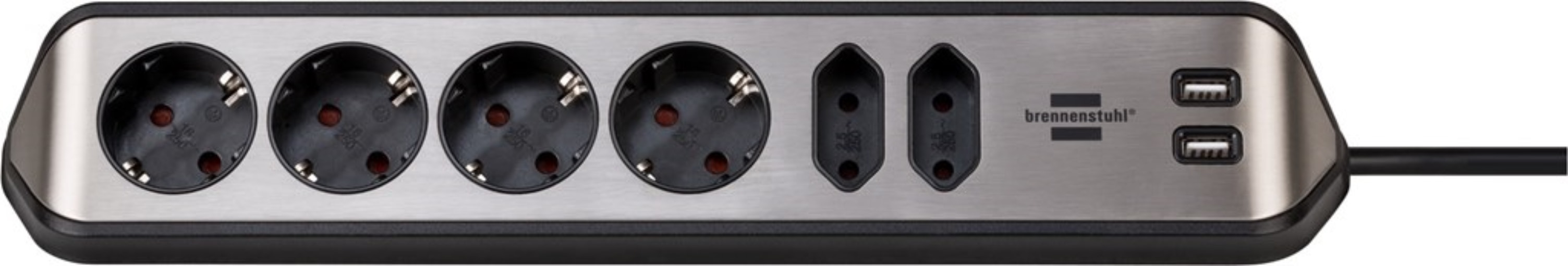 Brennenstuhl 1153590610 ®estilo Eckstedoleiste 6fach schwarz brennenstuhl®estilo Eck-Steckdosenleiste 6-fach mit hochwertiger Edelstahloberfläche für Küche und Büro (Tischsteckdose mit 4x Schutzkontakt-Steckdosen, 2x Euro-Steckdosen, inkl. USB-Ladefunktio