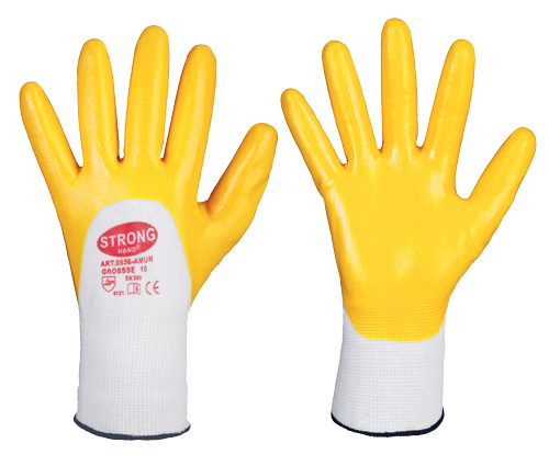 Stronghand AMUR STRONGHAND HANDSCHUHEMaterial: PolyesterNorm: DIN EN 388 Profi-Qualität Feinstrick, nahtlos ¾-Nitrilbeschichtung sehr gute Passform hoher Tragekomfort gute Beständigkeit gegen Öle und Fette