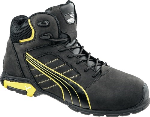 Sicherheitsstiefel Ams.Mid Gr.47 schwarz/gelb S3L FO SR EN20345 Leder PUMA nach DIN EN ISO 20345:2022 · S3L FO SR · Obermaterial: Nubukleder · Aluminiumkappe · flexibler FAP®-Durchtrittschutz · Futter: BreathActive-Funktionsfutter · Fußbett: evercushion®
