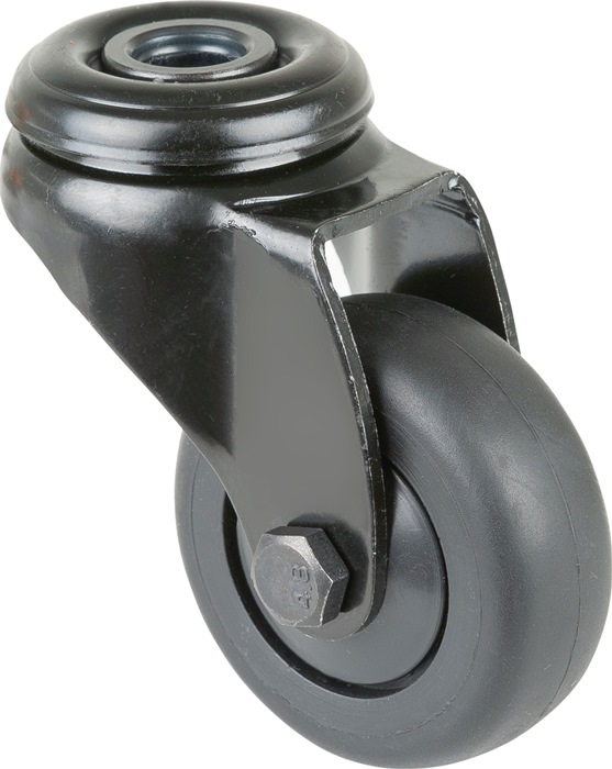 BS ROLLEN A801.A85.050.06 Lenkrolle  Rad-Ø 50 mm Tragfähigkeit 50 kg mit Rückenloch Kunststoff Kugellager Gummi schwarz Apparaterolle · Gehäuse aus Stahlblech, schwarz · zweireihiger Kugelkranz im Gabelkopf · Kugellager · thermoplastisches Gummirad schwar