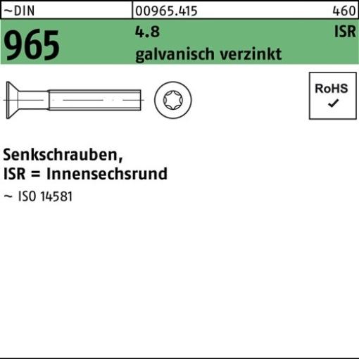 009654150050030 Senkschraube DIN 965 Innensechsrund M 5 x 30 -T25 4.8 galvanisc