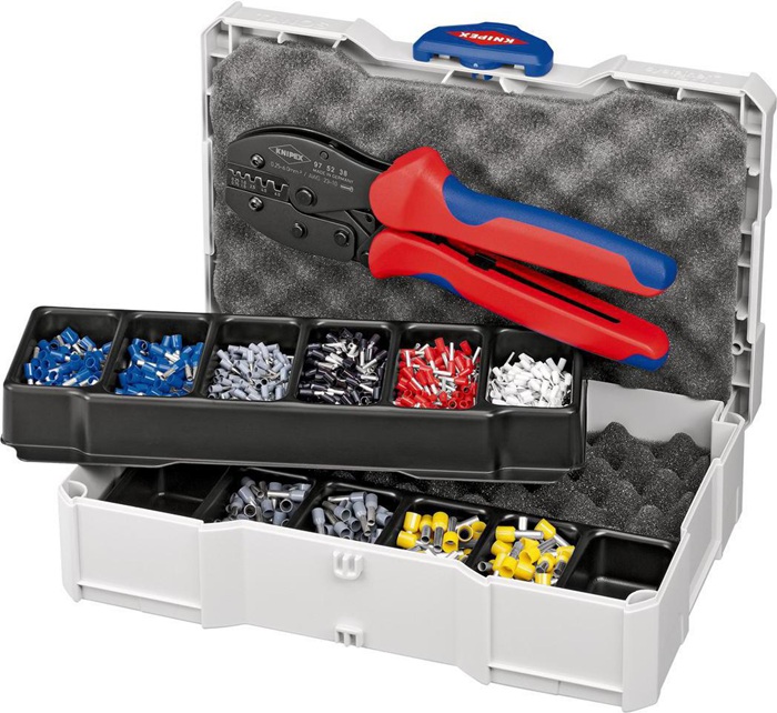 Aderendhülsensortiment 1201tlg.0,50-6,00mm² Crimpzange PreciForce® für Aderendhülsen im Mini-Systainer, 2 stapelbare Kunststoffeinsätze mit je 6 Mulden für Verbinder · mit einem Sortiment Aderendhülsen mit und ohne Kunststoffkragen Inhalt Art.-Nr. 4000 79