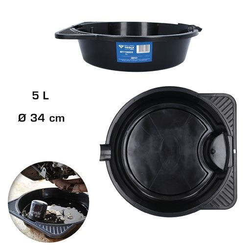 Brilliant Tools  BT716003 Öl-Auffangwanne / Mehrzweckwanne, 5 Liter
zum Auffangen von Flüssigkeiten wie z.B. Öl, Bremsflüssigkeit oder Wasser
Liter-Skala in der Wanne
Haltevorrichtung zum Ablegen von Ölfilter-Kartuschen
Fassungsvermögen: 5 Liter
inklusive
