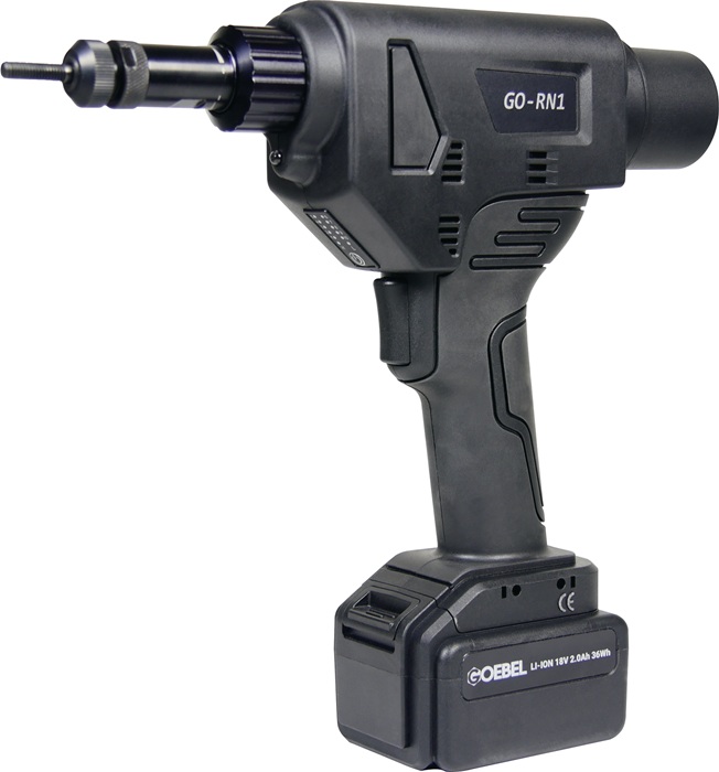 GOEBEL 2277030010 Akkublindnietmutternsetzgerät GO-RN1 16-teilig 18.000 N  im Kunststoffkoffer zur Verarbeitung von Blindnietmuttern von M3 bis M8 aller Werkstoffe · LED-Arbeitslicht · 2 x Li-Ion Akku 2.0Ah/36WhWeitere technische Eigenschaften:· Länge: 27