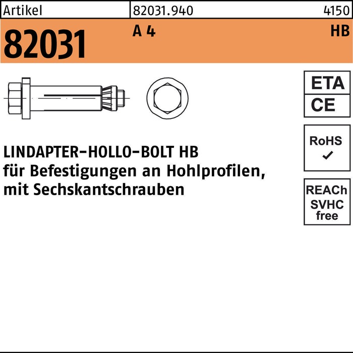 LINDAPTER Hohlraumdübel R 82031 m.6-kantschraube HB 08-1 ( 50/22) A 4