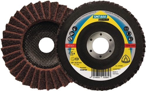 Fächerscheibe SMT 800 D.115mm K.medium kon.INOX NK KLINGSPOR Vlies · speziell geeignet für das Edelstahlfinish · entfernt Grate, Schweißnähte und Kratzer von Edelstahl-Werkstücken · geht schonend mit dem Material um und hinterlässt nach dem Finish eine pe