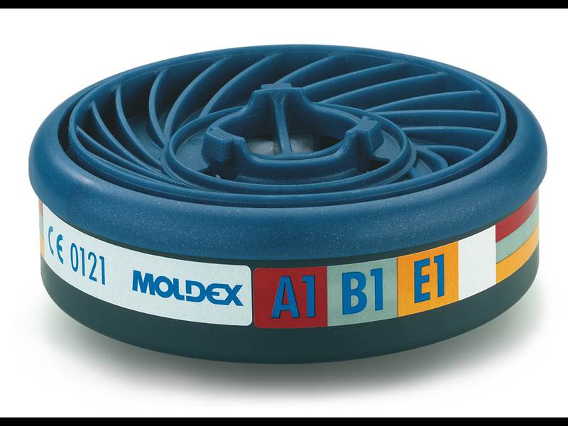 Moldex Gasfilter A1B1E1, für Serie 7000 + 9000, EasyLock®, organische Gase, anorganische Gase und Saure Gase
 Passend für die Moldexmasken der Serie 9000 und 7000Mit diesem Filter der Filterklasse A1B1E1 schützen Sie sich gegen:Wie A1 und zusätzlich gegen
