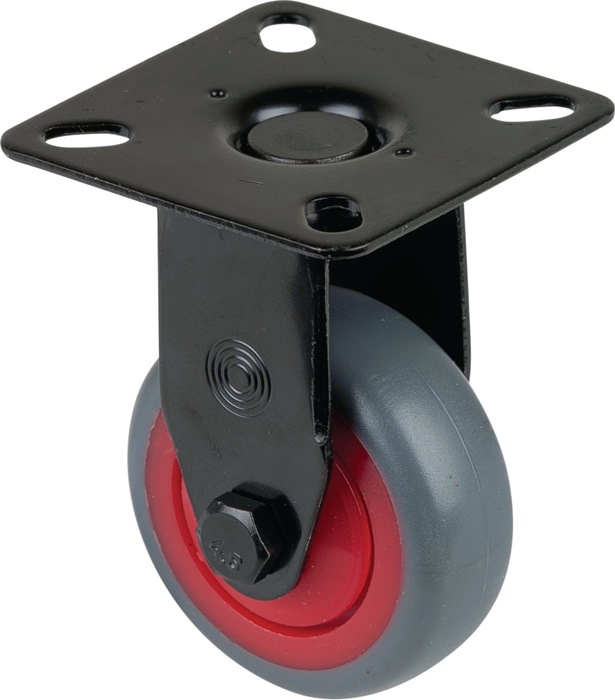 BS ROLLEN A810.A85.075.03 Bockrolle  75 mm 60 kg Kugellager 60 x 60 mm Apparaterolle · thermoplastisches Gummirad grau · Gabel aus Stahlblech, schwarz · zweireihiger Kugelkranz im Gabelkopf · Radkörper Kunststoff rot · Kugellager · mit PlattenbefestigungW