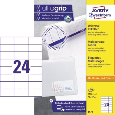 Avery Zweckform Universaletikett 3474 70x37mm weiß 2.400 St./Pack.
