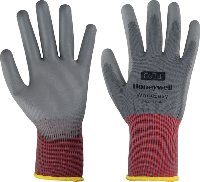 HONEYWELL WE21-3113G-9/L Handschuh Workeasy 13G GY PU 1 Größe 9 grau/rot EN 388 PSA-Kategorie II  nach EN 388 · Kat. II · Material: leichter Polyesterstrick (13gg), graue Polyurethan-Beschichtung auf Handfläche und FingerspitzenWeitere technische Eigensch