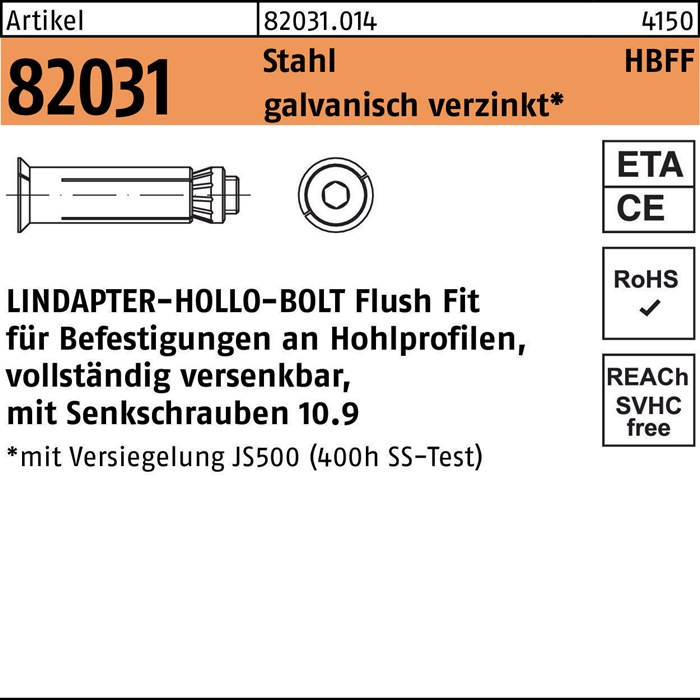 LINDAPTER Hohlraumdübel R 82031 HBFF 10-3 ( 90/64) 10.9 galvanisch verzinkt