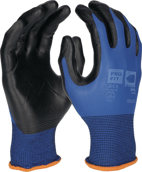 PRO FIT 596-9 Handschuh SPIKE Größe 9 blau / schwarz EN 388 / EN 407 PSA-Kategorie II  nach EN 388, EN 407 · Kat.II · Material: Polyamid (Nylon)-Liner (18g) · Rundstrick nahtlos · blau/schwarz · Handinnenfläche und Fingerkuppen mit geschäumter Mikro-Nitri
