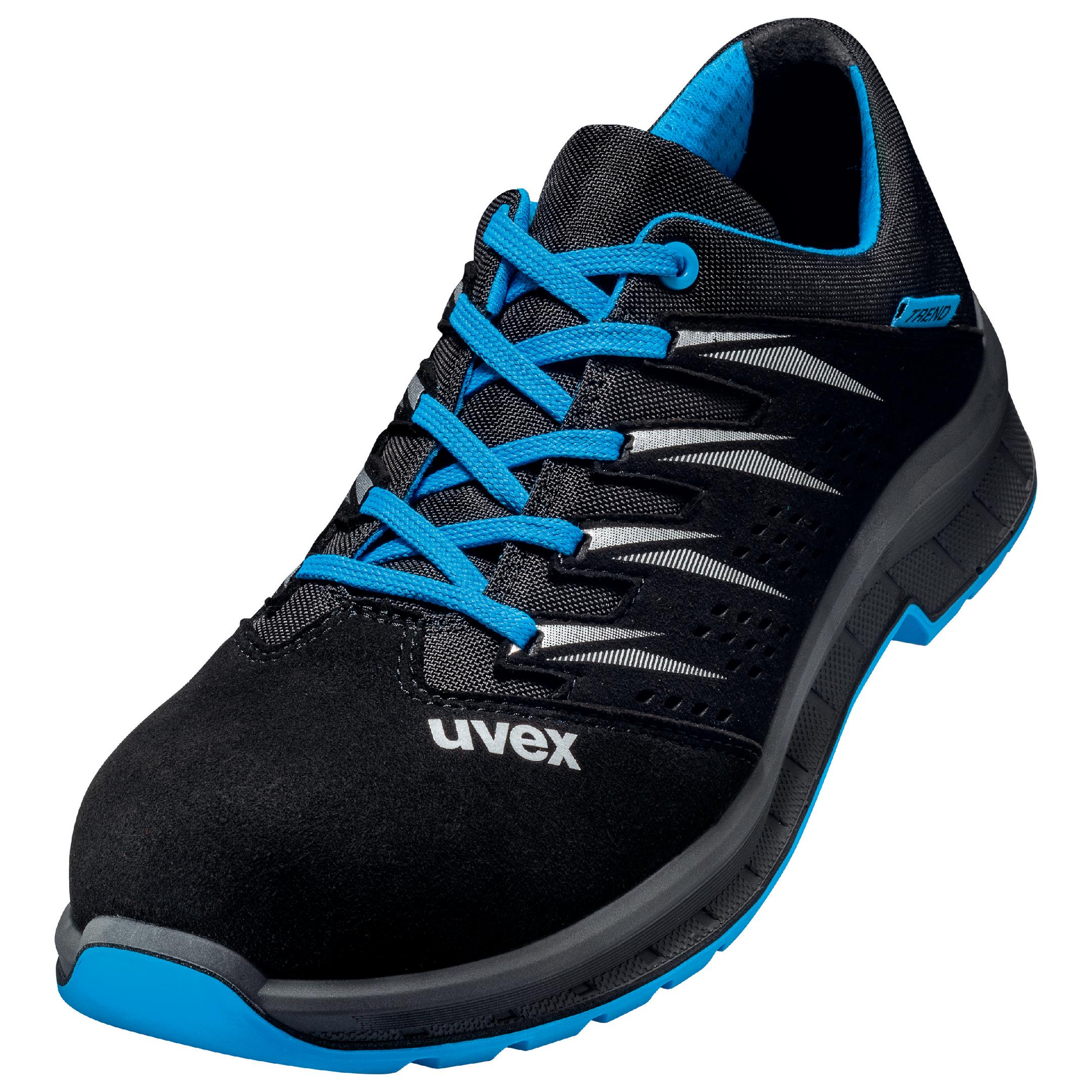 uvex 2 trend Halbschuhe S1 69378 blau, schwarz Weite 11 Gr.45
 Allgemeine Merkmale
sportlicher S1-Sicherheitshalbschuh mit breiter Passform
atmungsaktives, perforiertes Mikrovelours, für Chromallergiker geeignet, da aus synthetischen Materialien gefertigt